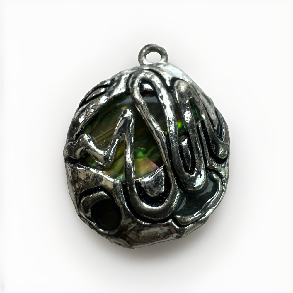 Vintage Modernist Silver Tone Abalone Shell Pendant Circular Abstract Inlay OOAK